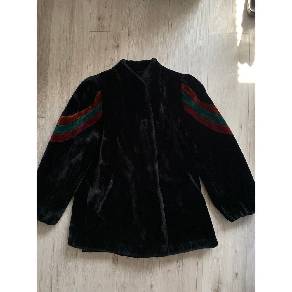Vintage 80s Sasson Borgazi Faux Fur Black Coat Striped Sleeve Size 12 - Picture 2 of 5